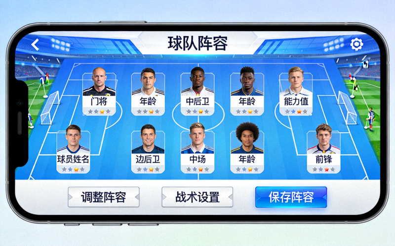 虚拟足球经理游戏界面示意图：手机屏幕上显示球队阵容管理页面